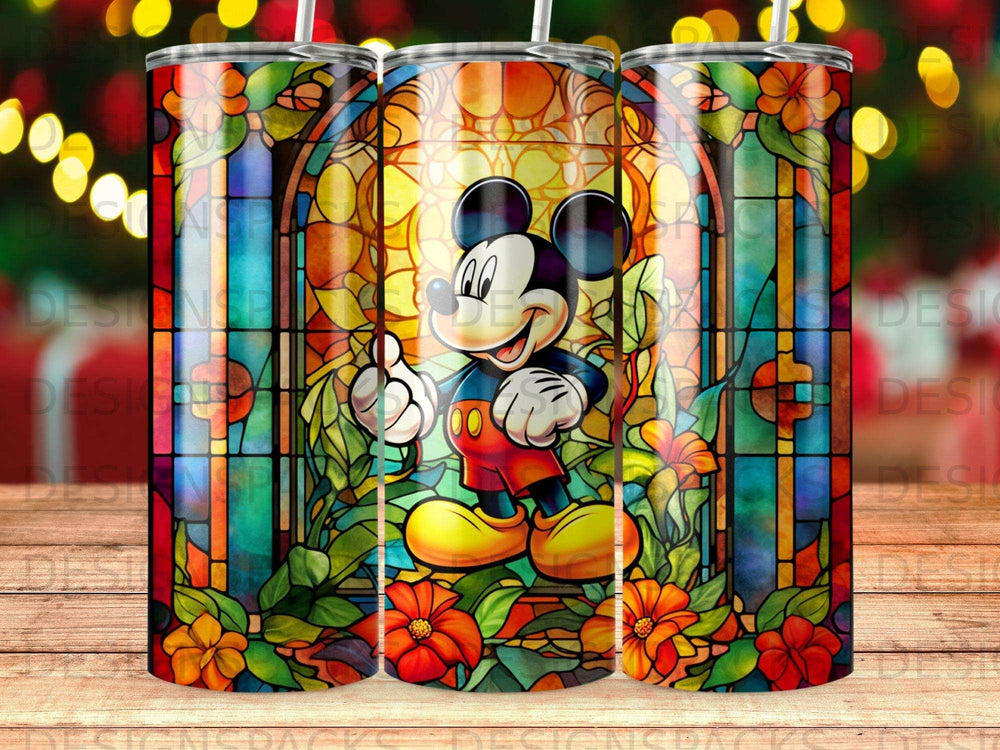 Mickey Mouse in stained glass with floral borders.