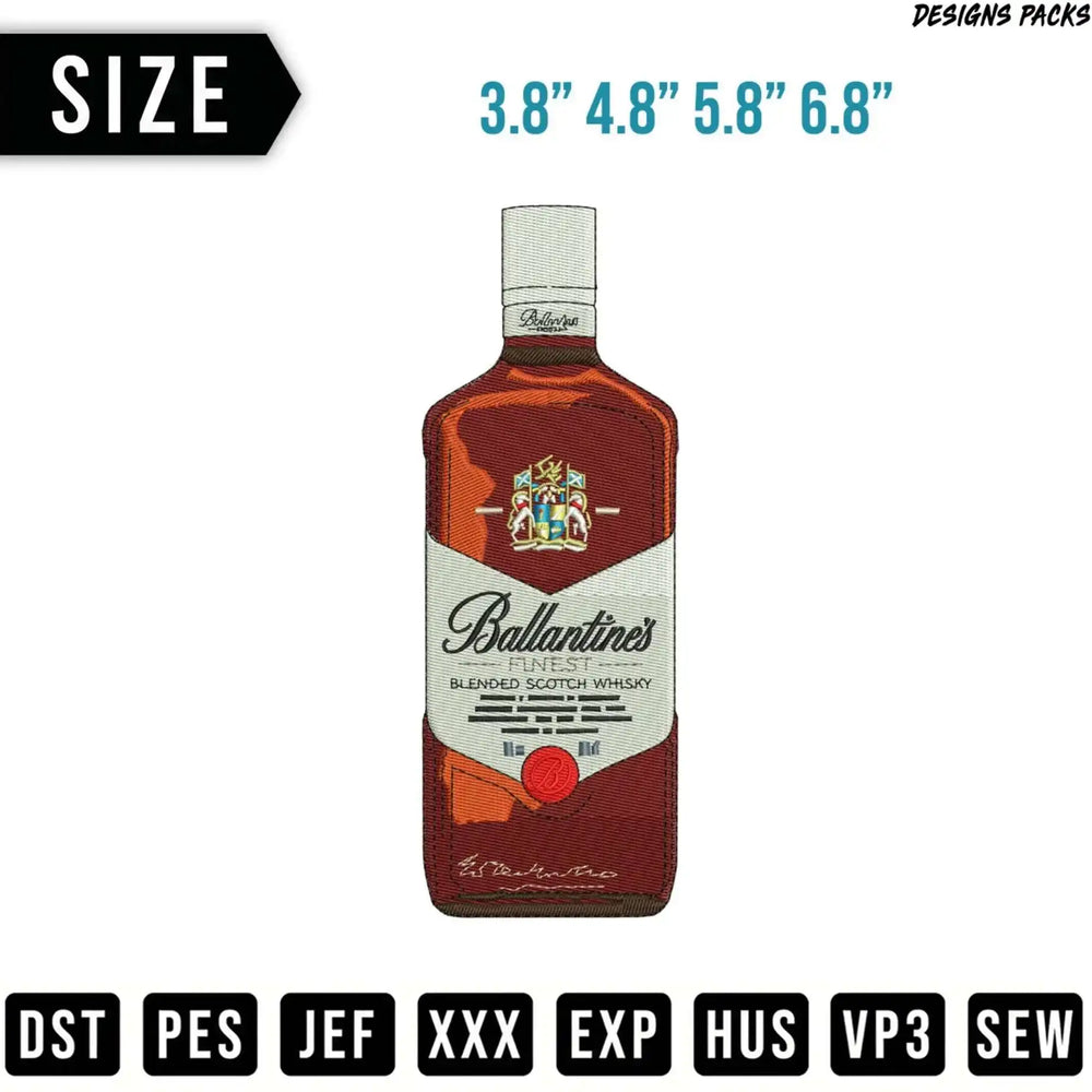 Ballantine's Finest blended Scotch whisky bottle embroidery design, available in four sizes.