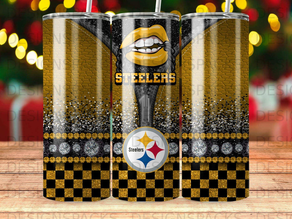 Pittsburgh Steelers logo and checkered pattern on a skinny tumbler.