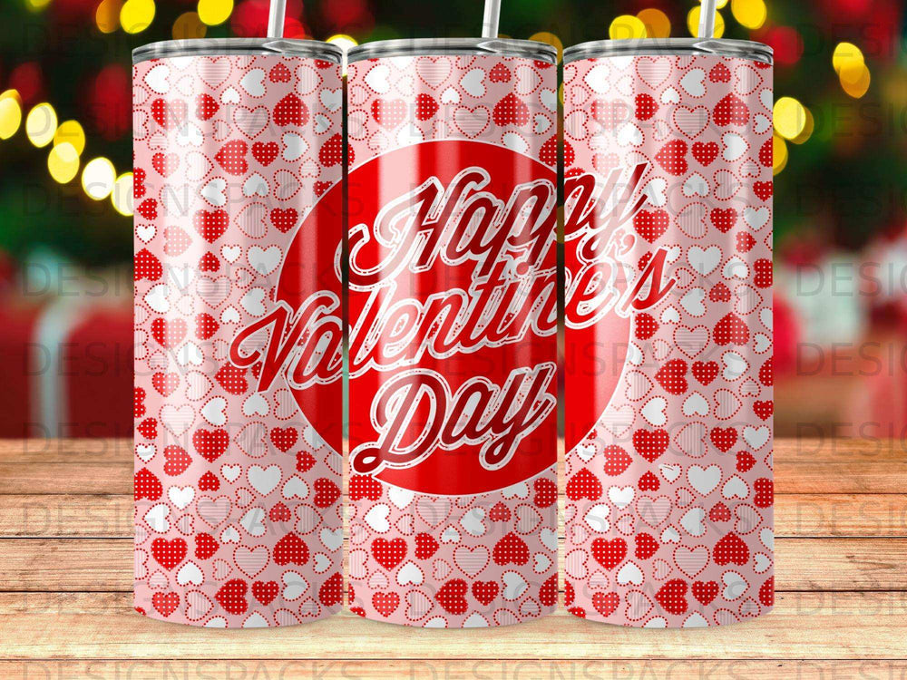Valentine's Day tumbler with hearts and text.
