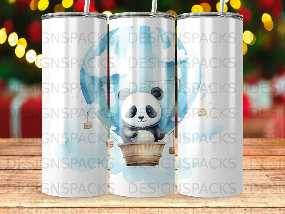 Panda in hot air balloon on a tumbler.