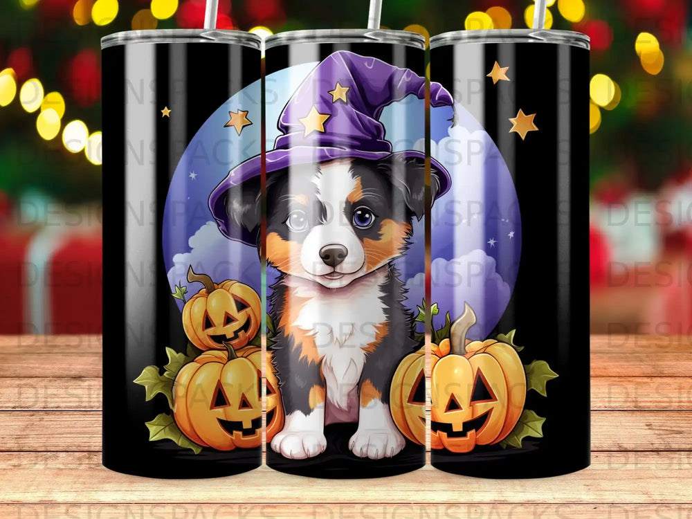 Cute puppy in witch hat with pumpkins on a starry background.