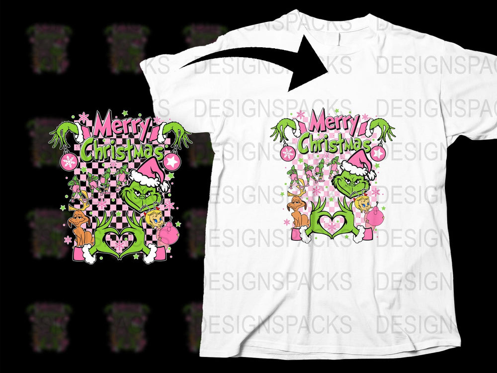 Festive Christmas T-Shirt with Cute Cartoon Grinch and Pink Decorations, Holiday Apparel for All Ages