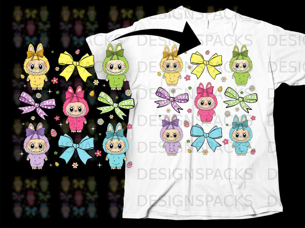 Cute Cartoon Characters with Colorful Bows T-shirt