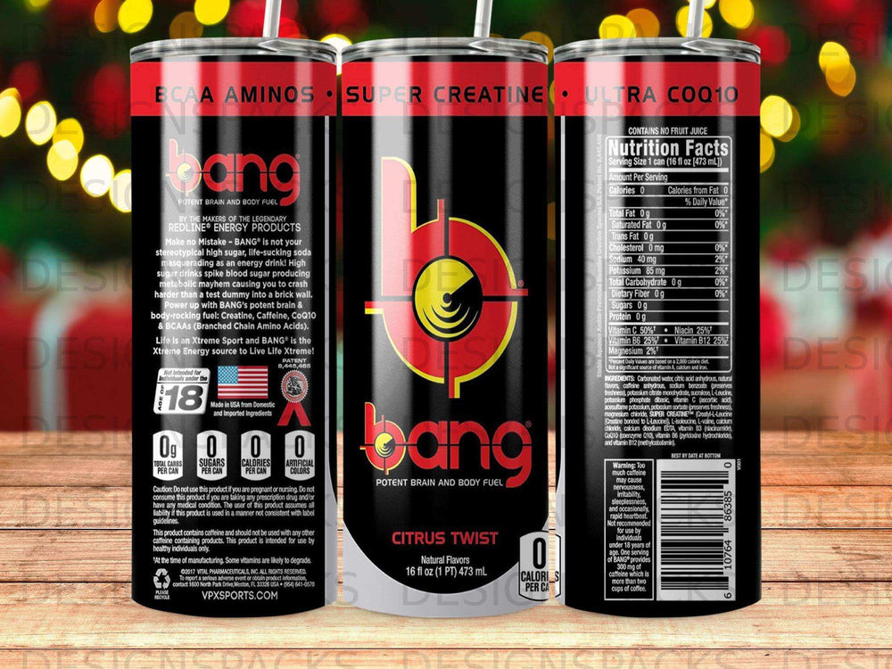Bang Citrus Twist energy drink can with nutritional information and ingredient list.