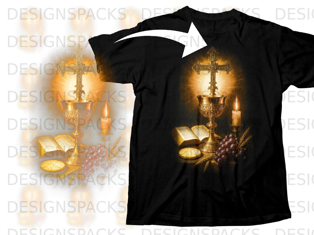Black t-shirt with a religious graphic featuring a cross, chalice, open Bible, and candle.