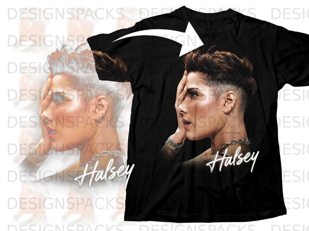 Black t-shirt with a portrait of Halsey and her signature.