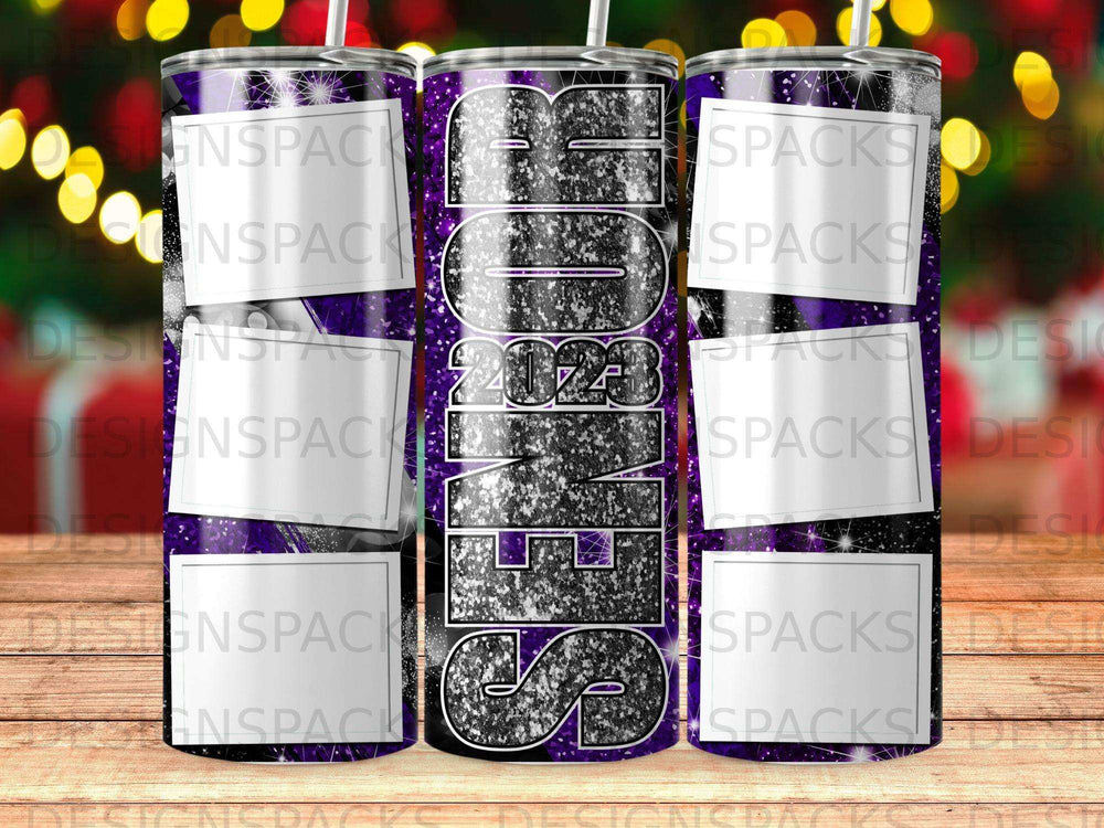 Glittery "2023" text on a purple and silver tumbler with "DESIGNSPACE" watermark.