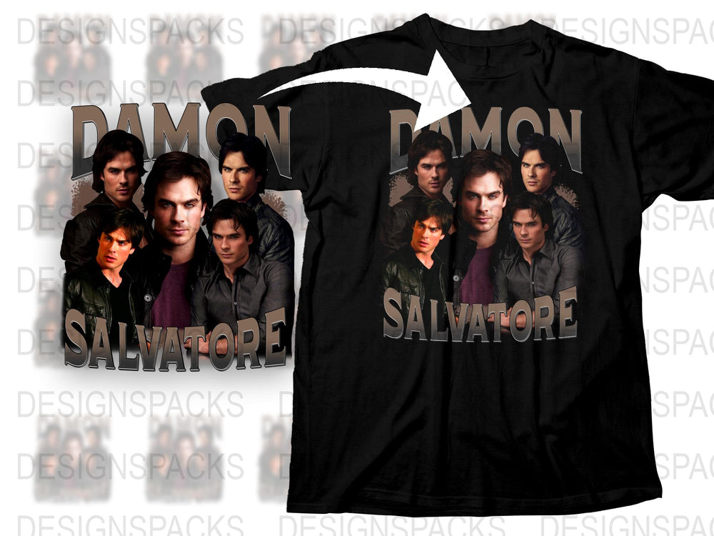Damon Salvatore T-Shirt, Vampire Diaries Inspired Graphic Tee, Fan Merch, Unisex Black Cotton Shirt with Character Collage Design