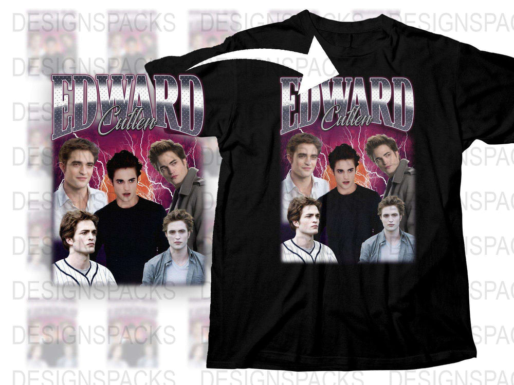 Edward Cullen Twilight Saga Inspired Graphic T-Shirt, Vampire Movie Fan Apparel, Unisex Black Tee with Character Collage