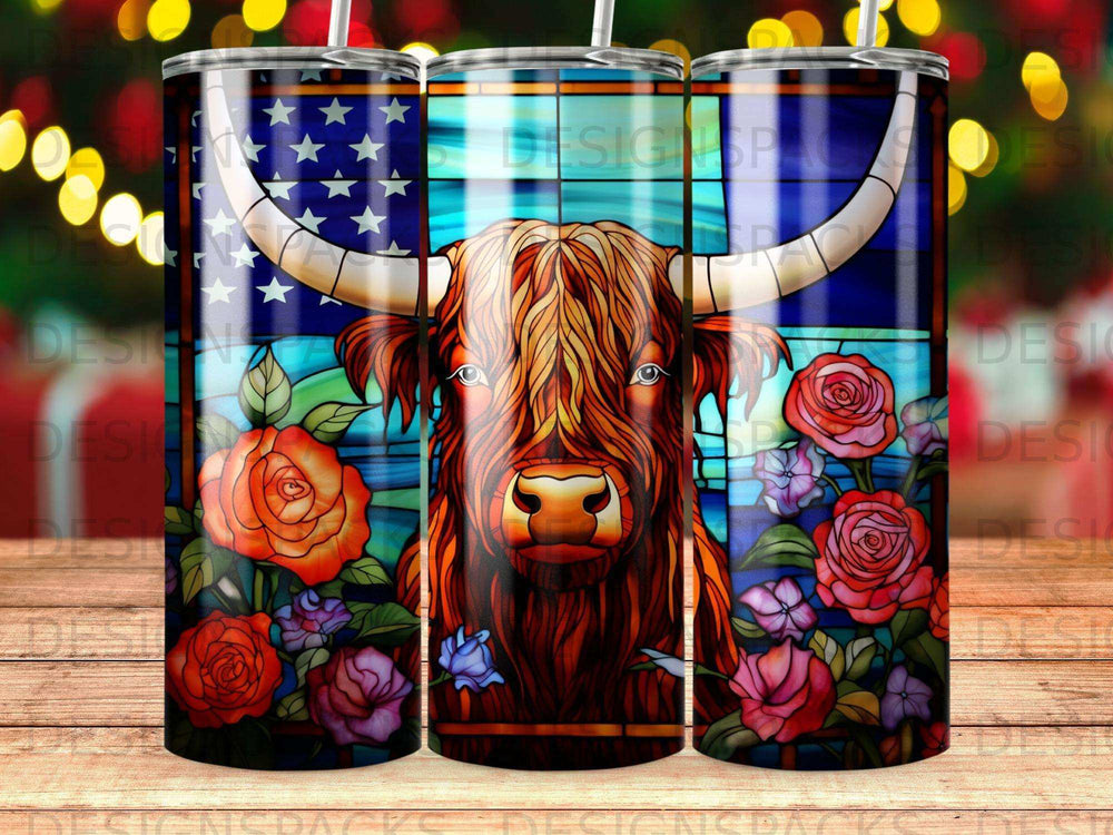 Highland cow with American flag stained glass background and roses.