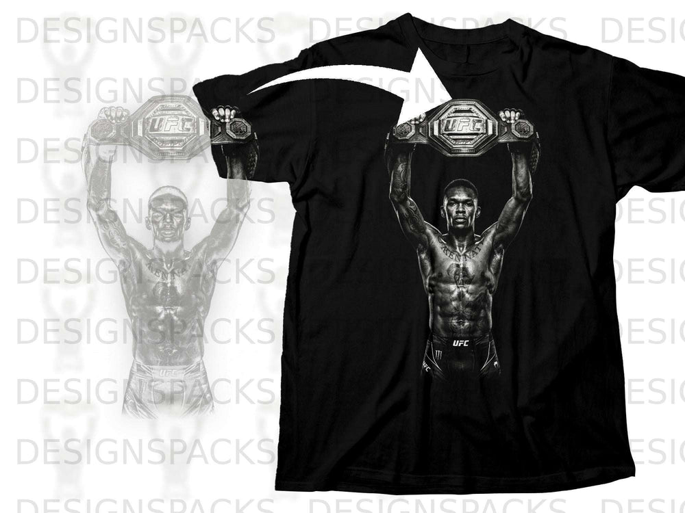 Black t-shirt featuring a graphic of a muscular man holding a UFC championship belt.