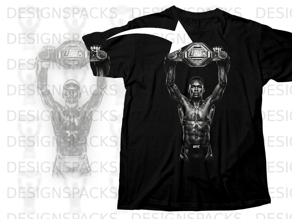 Black t-shirt featuring a graphic of a muscular man holding a UFC championship belt.