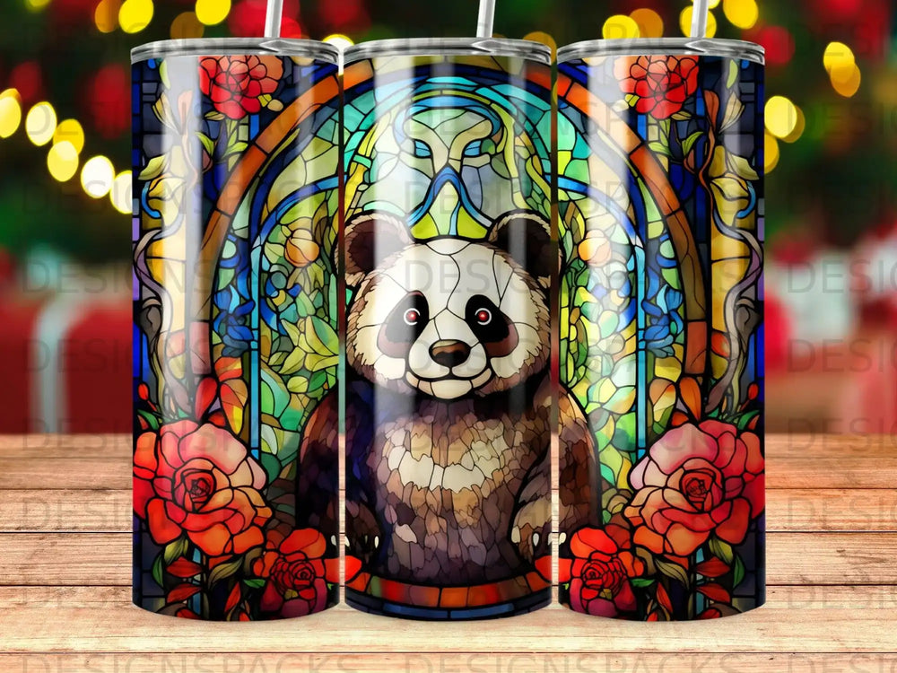 Panda in stained glass window surrounded by red roses.