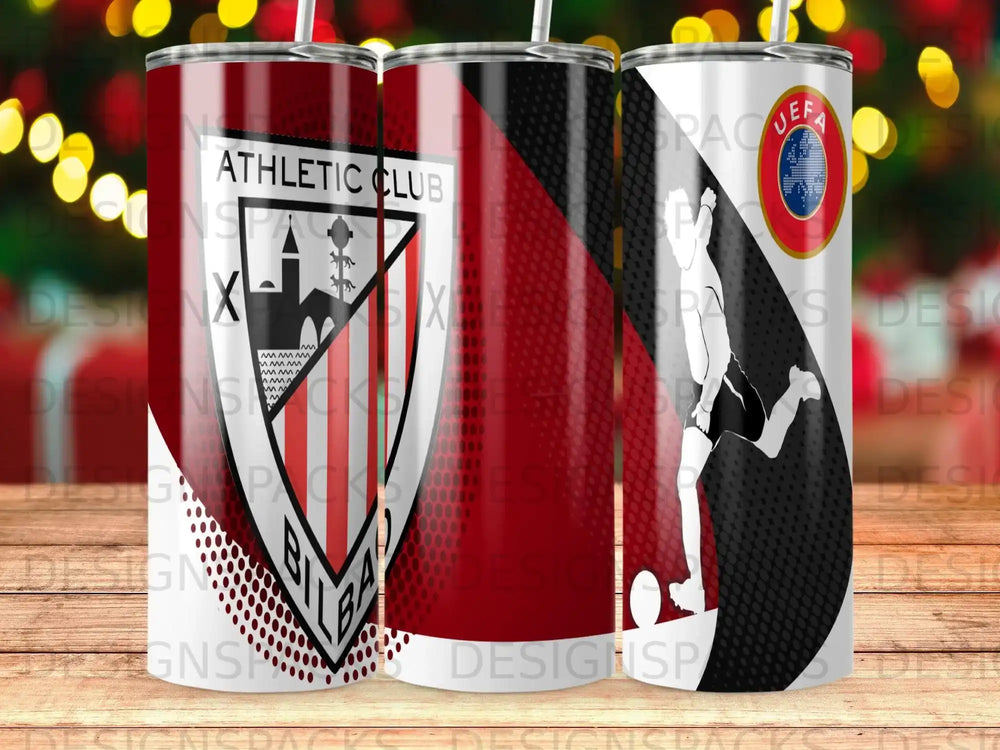 Athletic Club and UEFA logos on a tumbler with a soccer player silhouette.