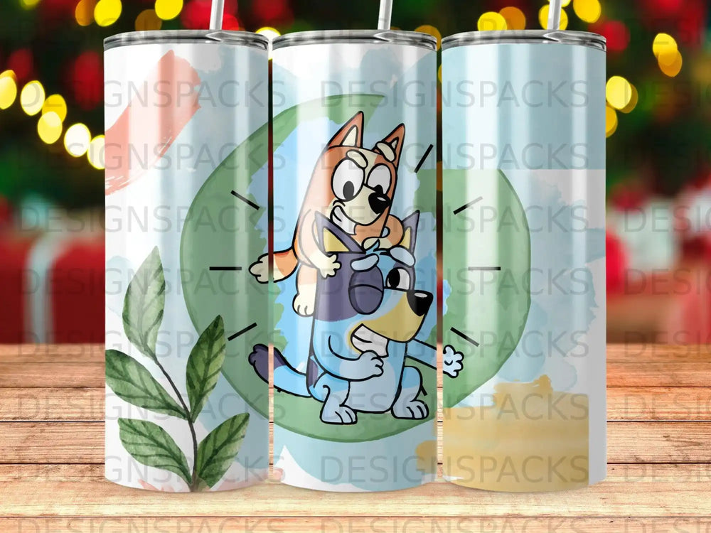 Bluey and Bingo characters on a tumbler with repeating "DESIGNSPACKS" watermark.