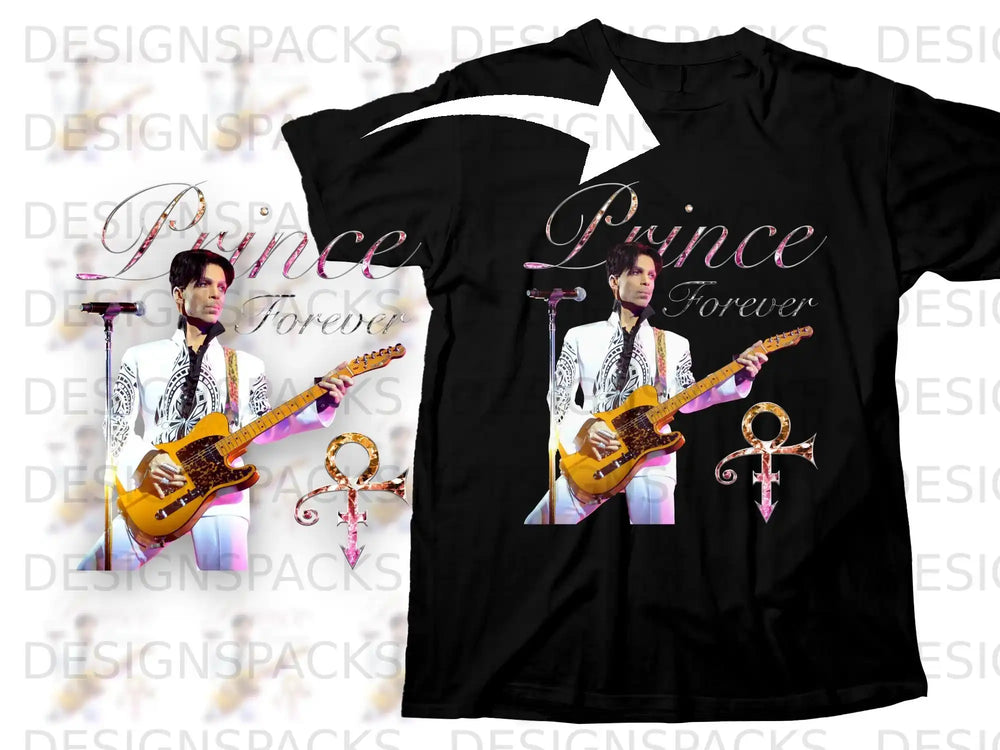 Black t-shirt with Prince playing guitar, purple paisley pattern, and his symbol.