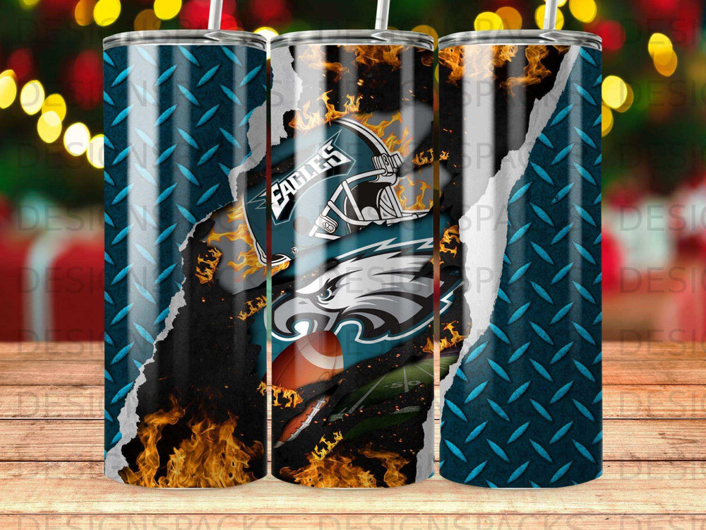 Philadelphia Eagles helmet and football on a ripped metallic background with flames.