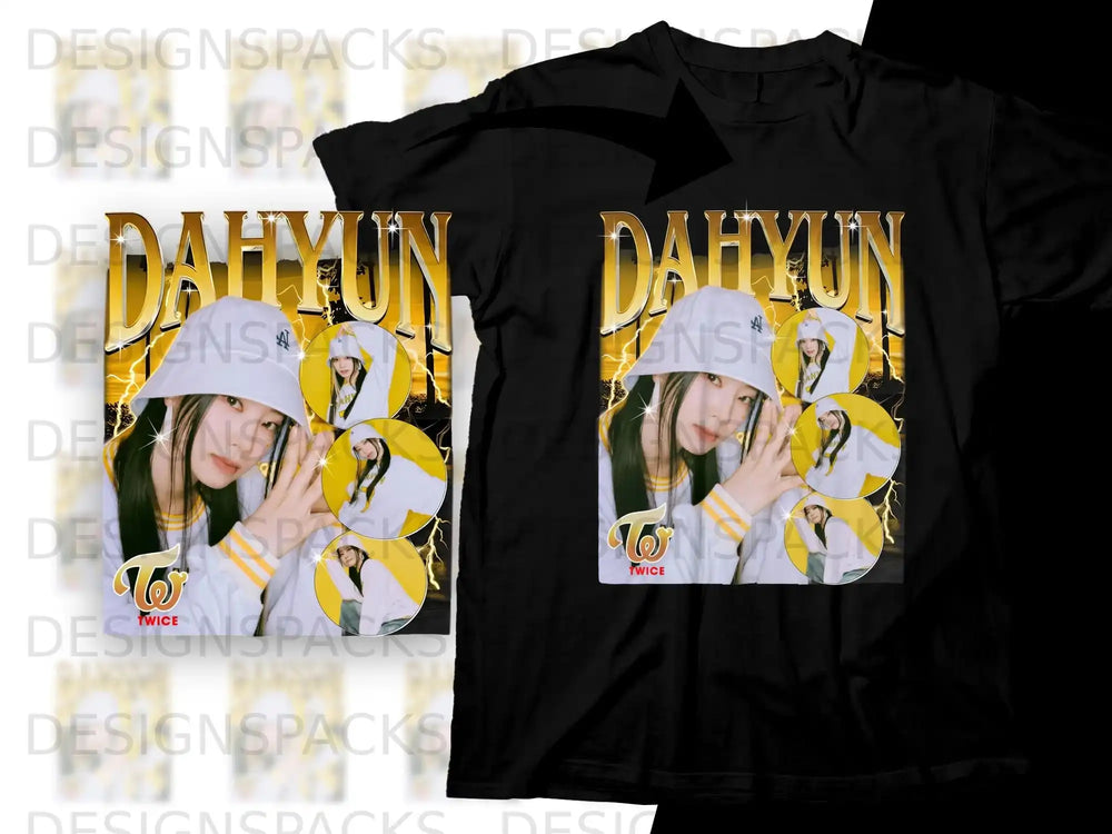 Black t-shirt with "DAHYUN" and a circular portrait of the TWICE member.