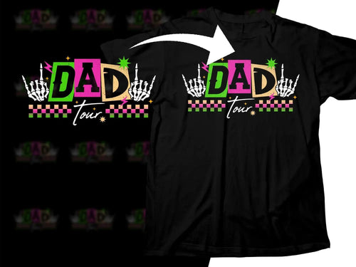 Black t-shirt with 'DAD Tour' design, skeleton hands, and colorful checkered pattern