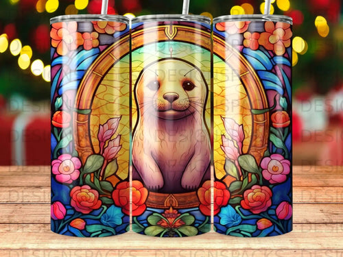 Seal in stained glass design with floral border on a tumbler.