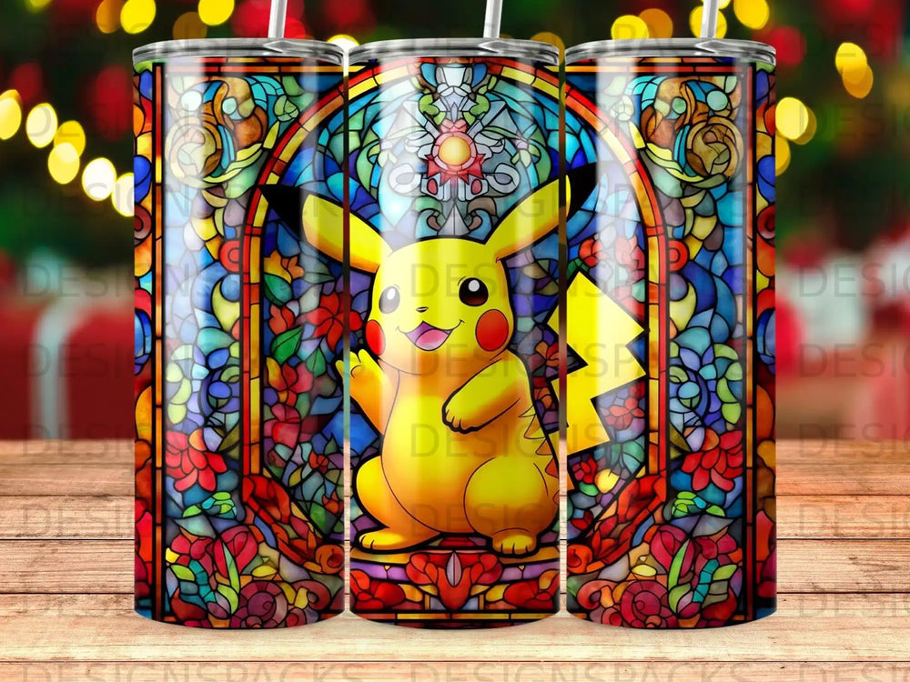 Stained glass tumbler featuring Pikachu and floral patterns.