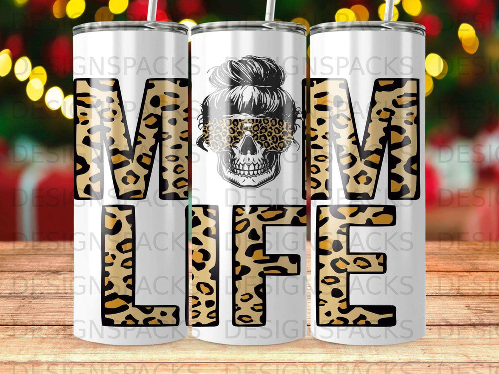 Leopard print "MOM LIFE" text with skull graphic on three tumblers.