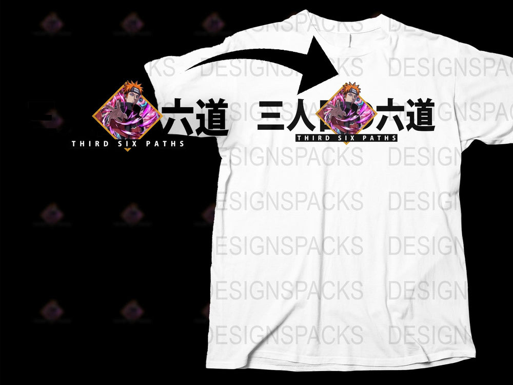 Anime Graphic T-Shirt, Third Six Paths Design, White Tee with Japanese Text, Unisex Manga Fan Shirt