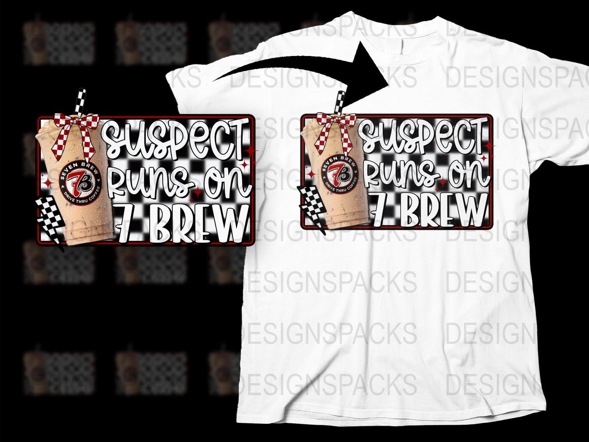 Suspect Runs on Z-Brew Graphic T-Shirt, Fun Police Coffee Lover Shirt, Checkered Pattern Cop Gift Tee, Unisex Adult Clothing