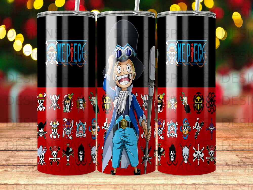 Anime character in blue outfit with skull and crossbones pattern on tumbler.