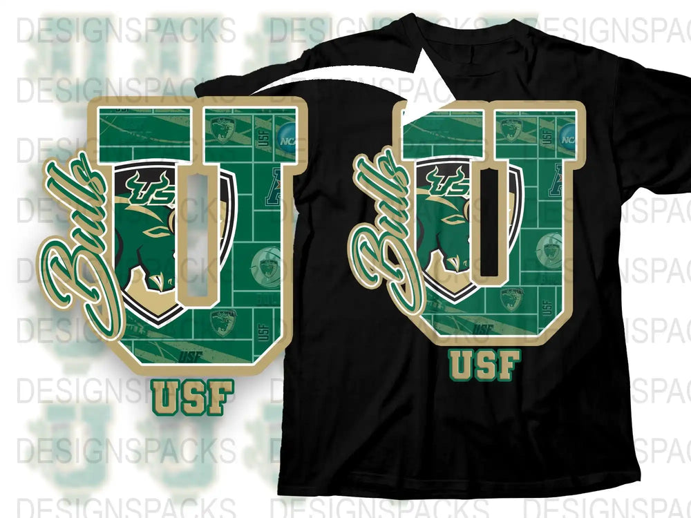 USF Bulls T-Shirt, University of South Florida Sports Fan Apparel, College Football Tee, Green and Gold Logo, Tailgate Clothing