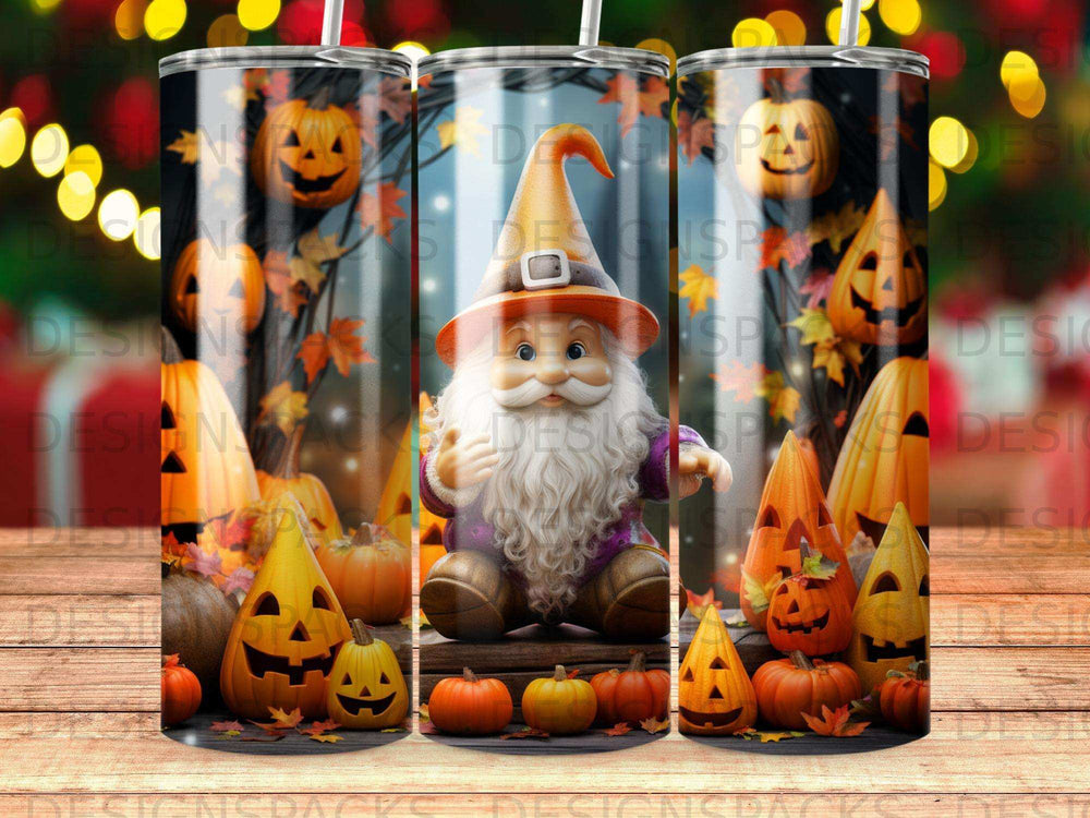 Halloween gnome with pumpkins and jack-o'-lanterns on a wooden surface.