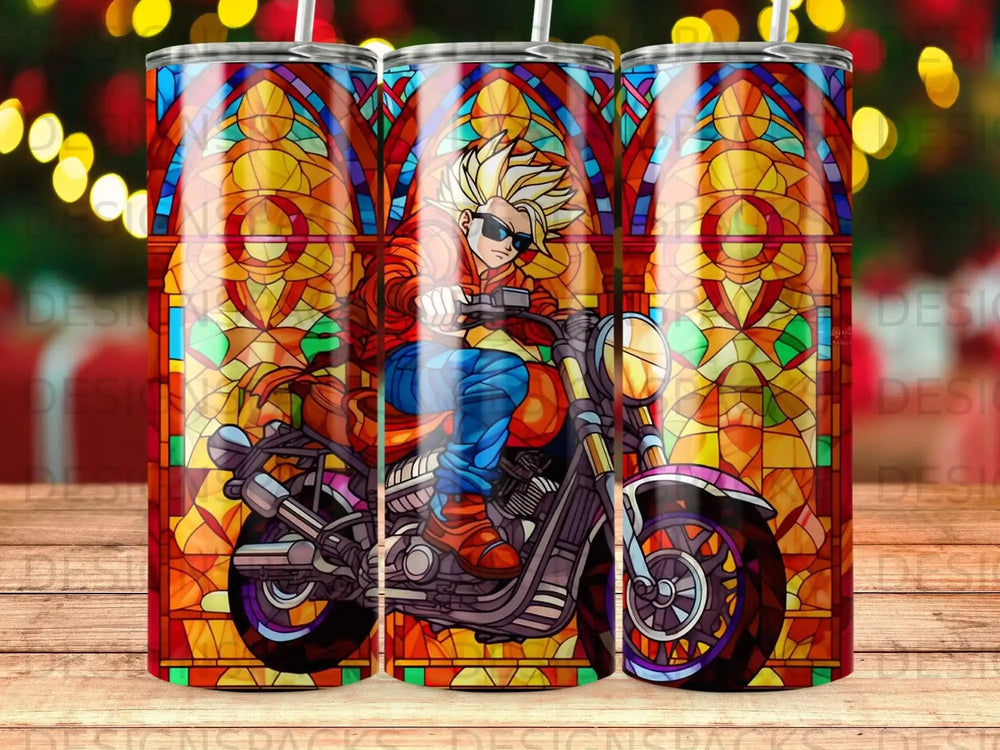 Anime character riding motorcycle against stained glass background.