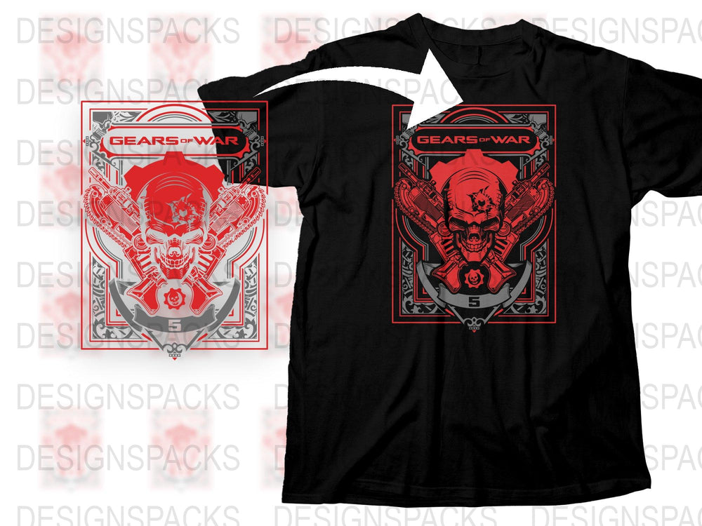 Gears of War 5 T-Shirt, Skull Graphic, Red and Black, Video Game Apparel, Fan Art, Men's Cotton Tee, Large Print, Stylish Casual Wear