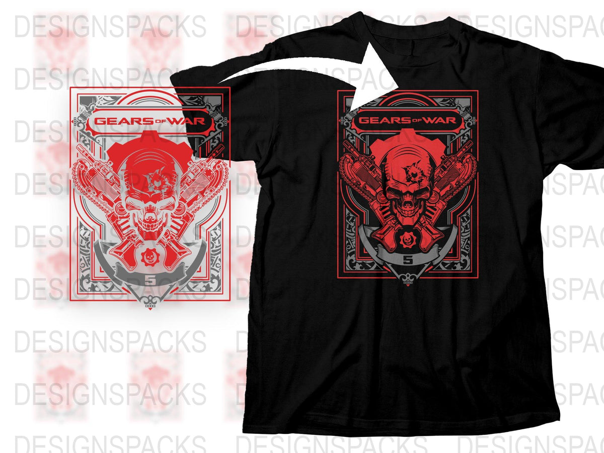 Gears of War 5 T-Shirt, Skull Graphic, Red and Black, Video Game Apparel, Fan Art, Men's Cotton Tee, Large Print, Stylish Casual Wear