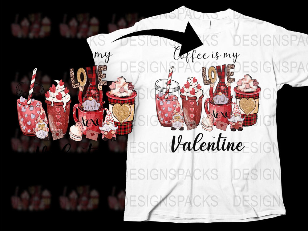 Valentine's Day Coffee Lover T-Shirt, Cute Love Hearts and Cups Design, Graphic Tee for Coffee Enthusiasts
