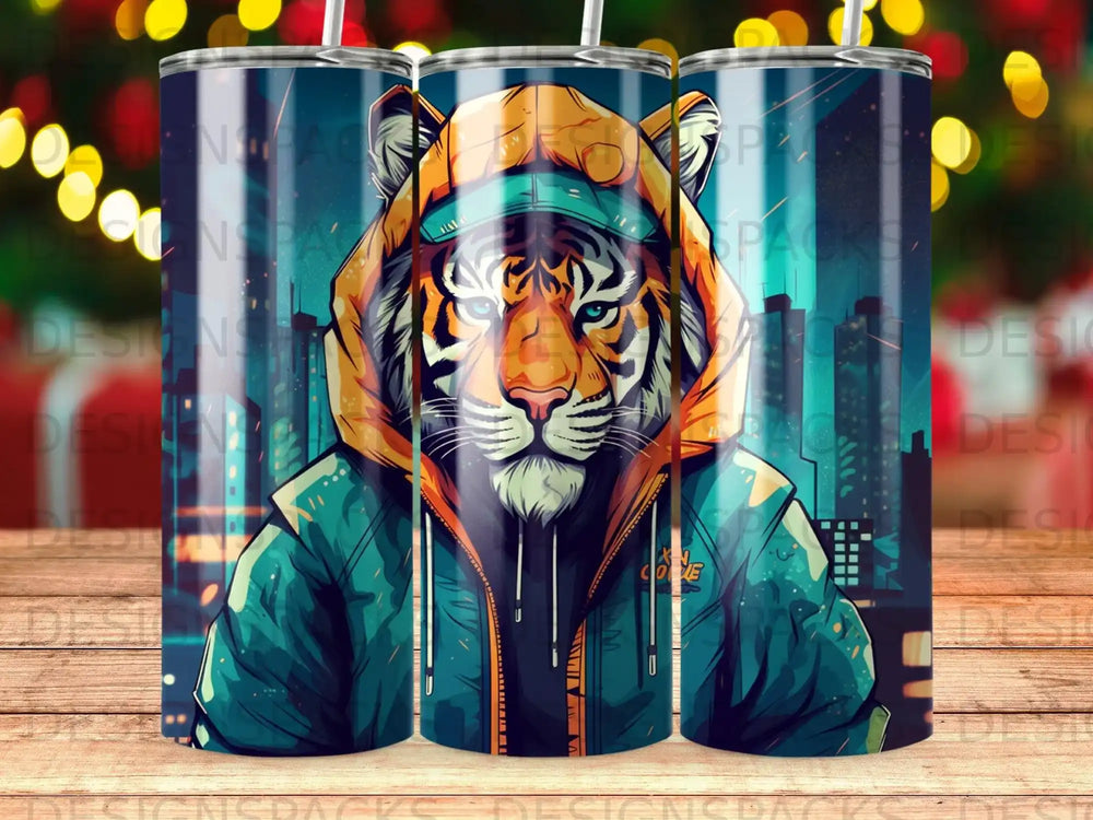 Tiger wearing a hoodie and jacket, urban city skyline background.