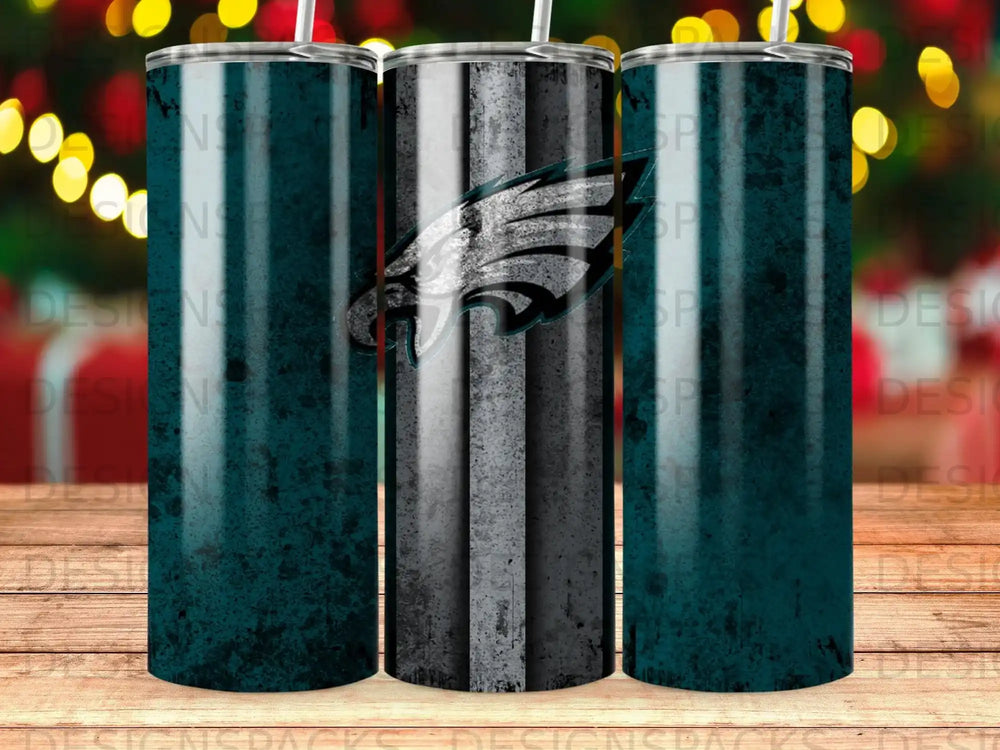 Philadelphia Eagles logo on a textured teal and gray tumbler.
