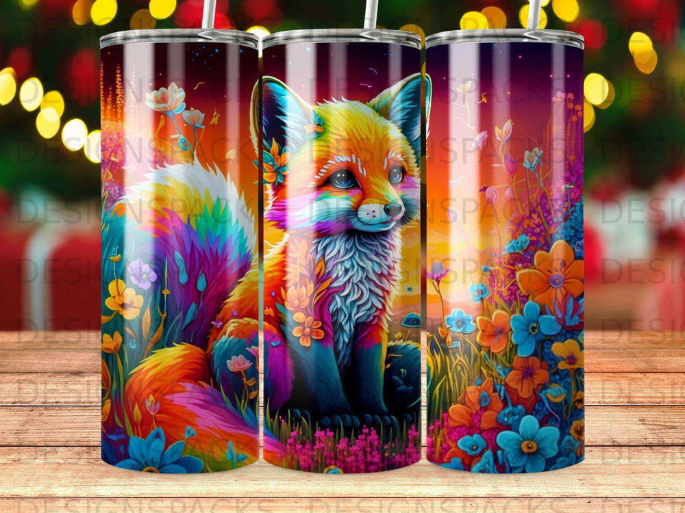 Colorful fox with flowers and bokeh lights pattern on a tumbler.
