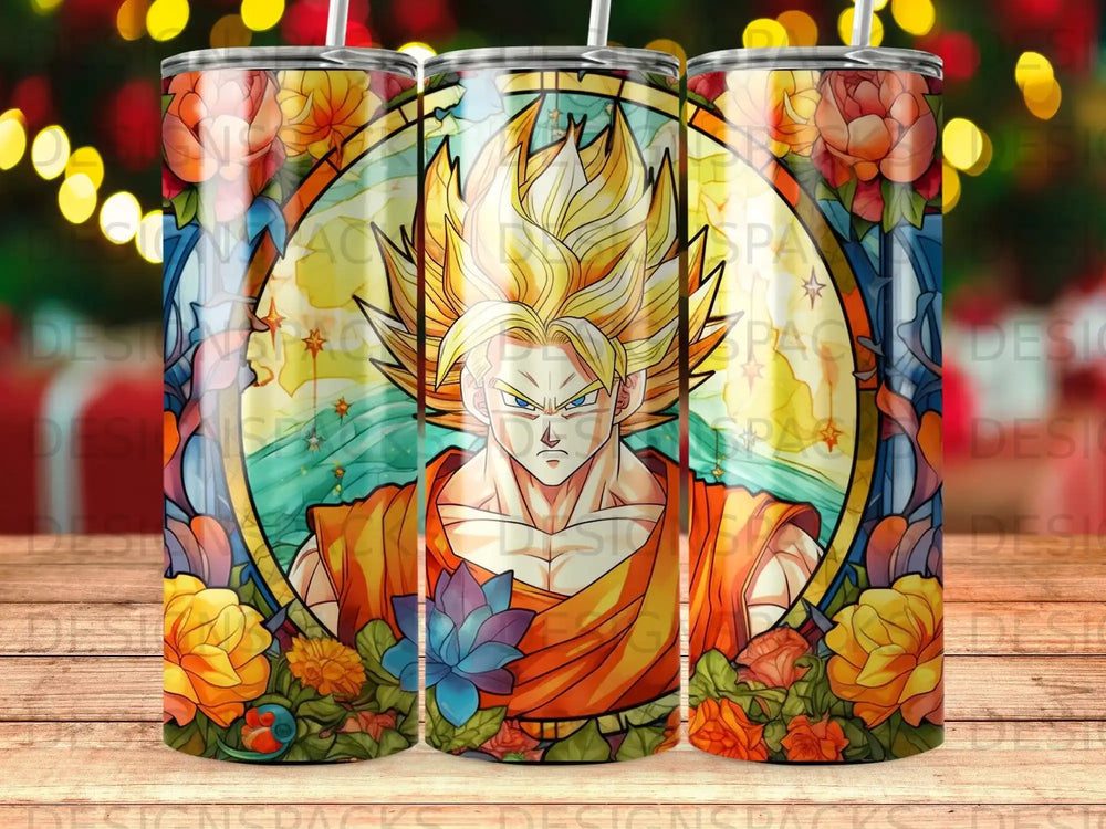 Dragon Ball Z's Goku in stained glass style surrounded by flowers.