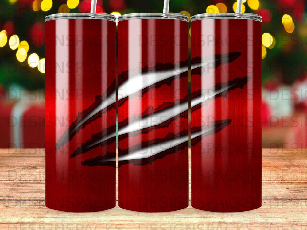 Red tumbler with claw marks and a distressed pattern.
