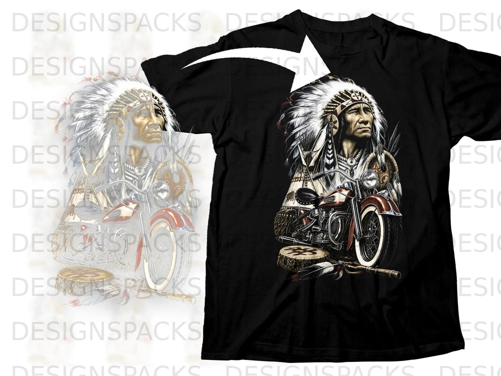 Black t-shirt with graphic of Native American man and motorcycle.
