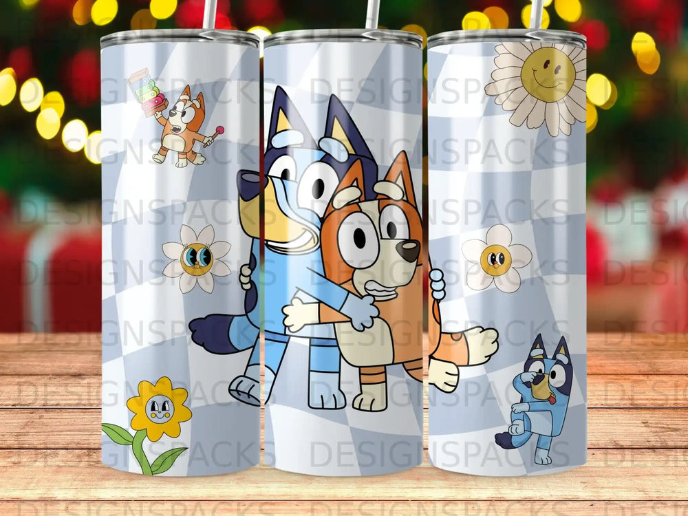 Bluey and Bingo hug in front of a colorful pattern with flowers.