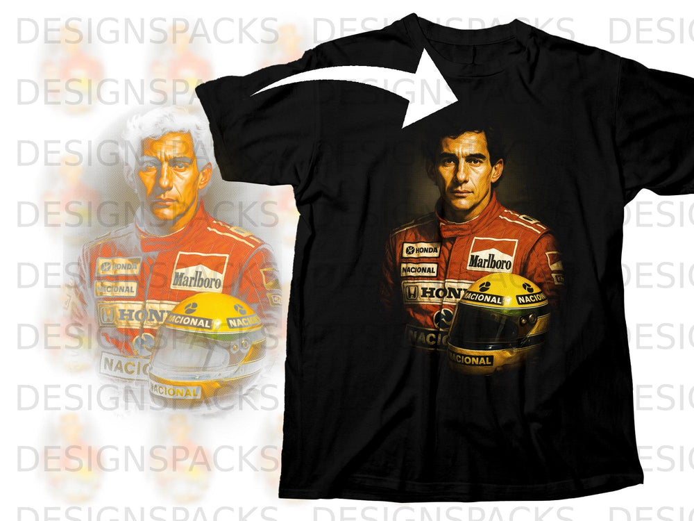 Ayrton Senna in racing suit with yellow helmet, Marlboro and Honda logos.
