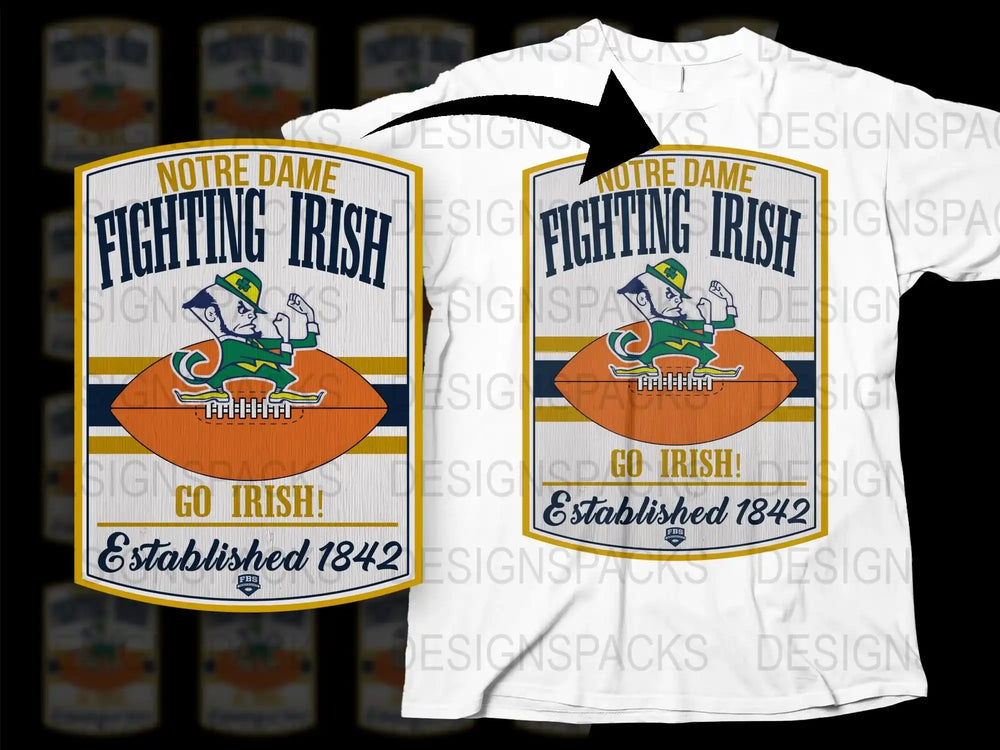 Notre Dame Fighting Irish Graphic T-Shirt, Vintage College Football Tee, Established 1842 Logo White Shirt