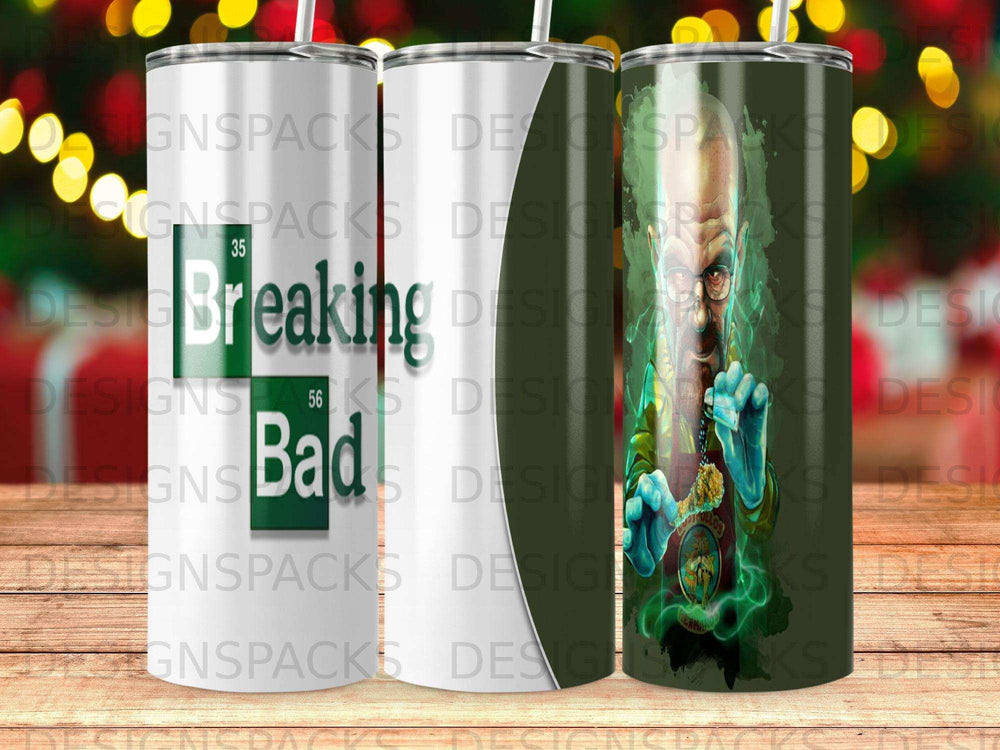 Breaking Bad tumbler with Heisenberg character graphic and logo.