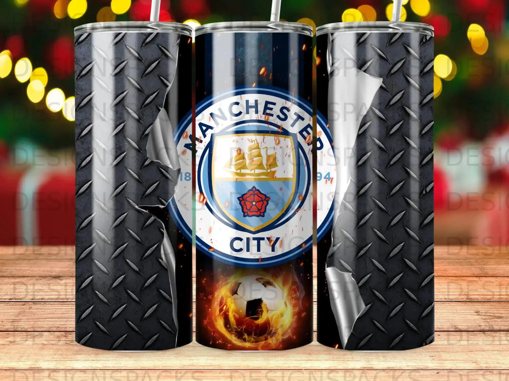 Manchester City FC logo with flames and diamond plate pattern.