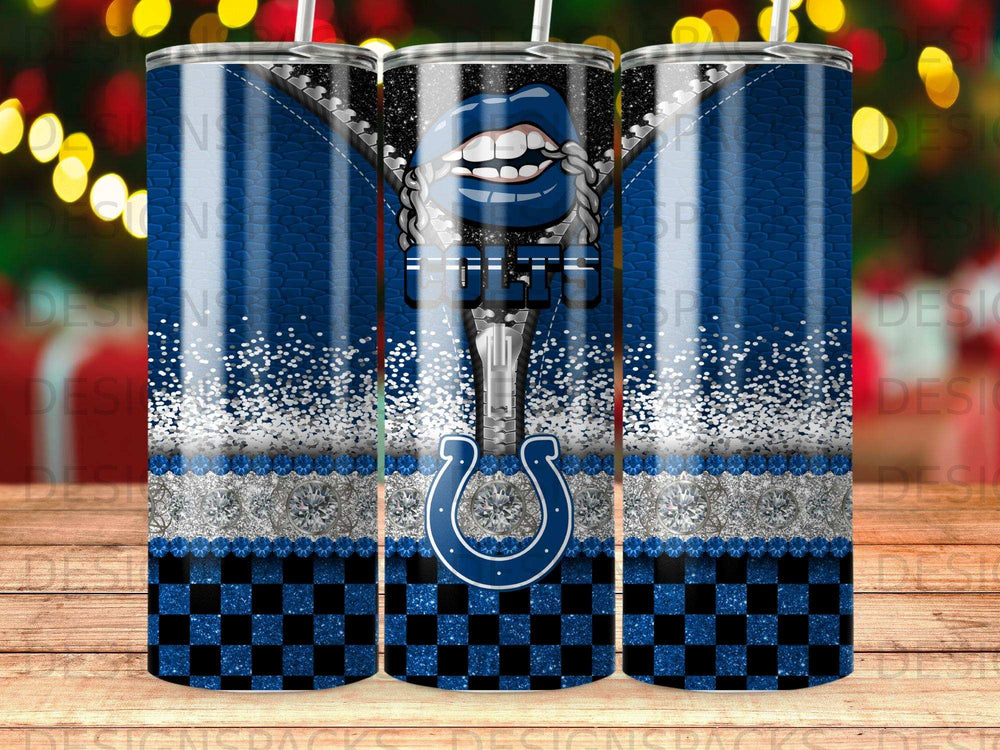 Indianapolis Colts logo with zipper and glitter on blue checkered tumbler.
