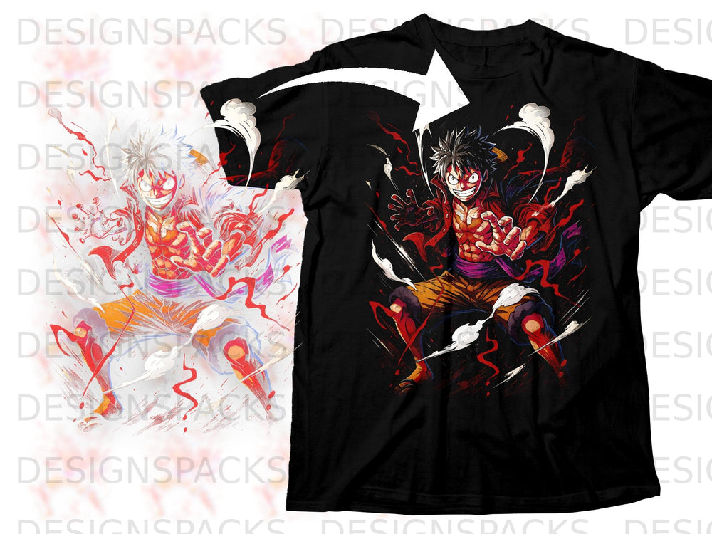 Black t-shirt featuring anime character Monkey D. Luffy in a dynamic, fiery pose.