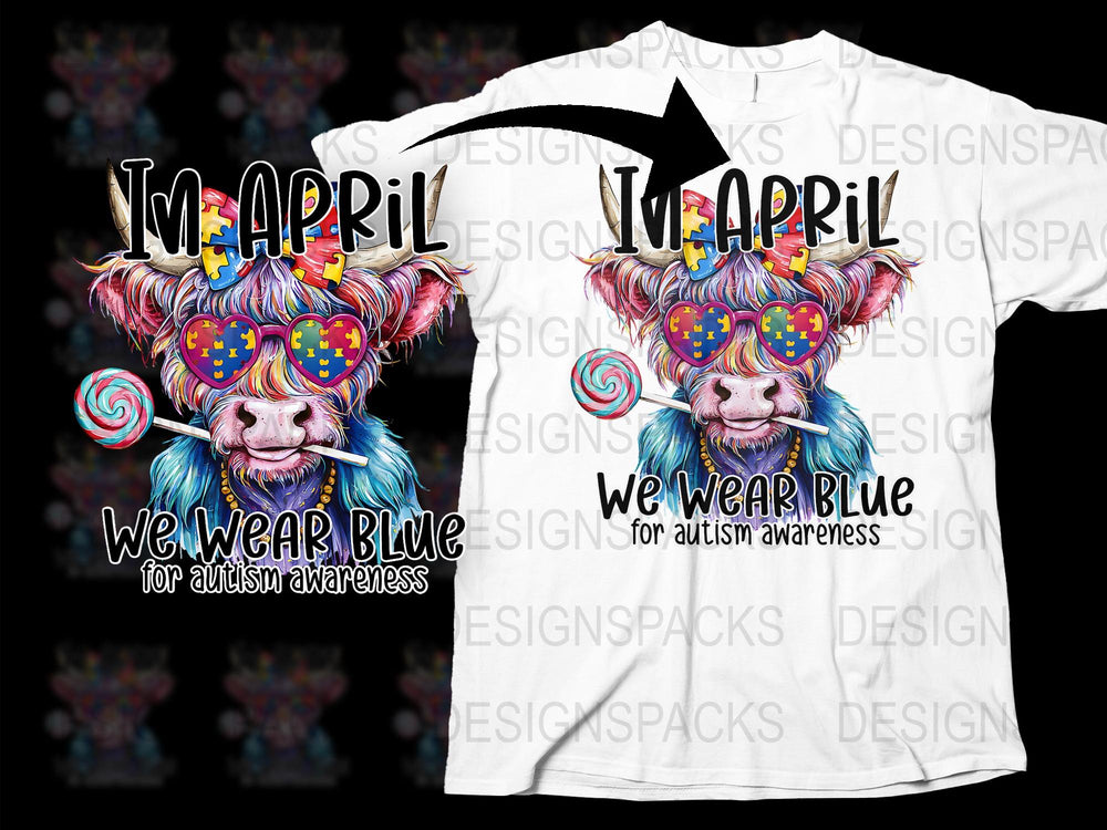 Colorful April Autism Awareness T-Shirt, Highland Cow Graphic, We Wear Blue Design, Unisex Tee